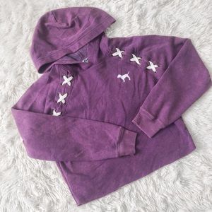 PINK Purple Crop Raw Hem Lace Up Hoodie Pullover